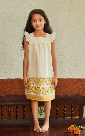 A CLASSIC KASAVU COTTON HAND BLOCK PRINTED  COMFORTABLE DRESS WITH RUFFLED SLEEVES