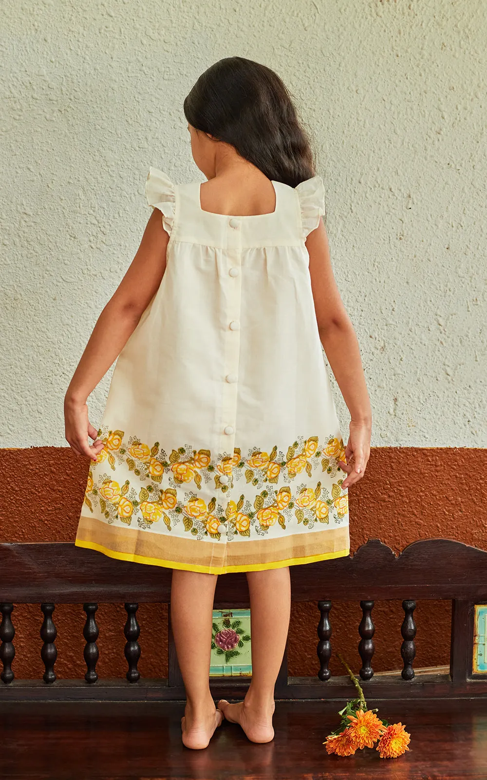 A CLASSIC KASAVU COTTON HAND BLOCK PRINTED  COMFORTABLE DRESS WITH RUFFLED SLEEVES