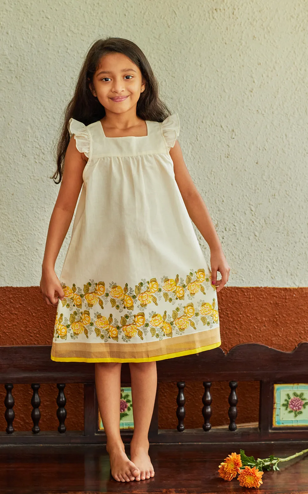 A CLASSIC KASAVU COTTON HAND BLOCK PRINTED  COMFORTABLE DRESS WITH RUFFLED SLEEVES