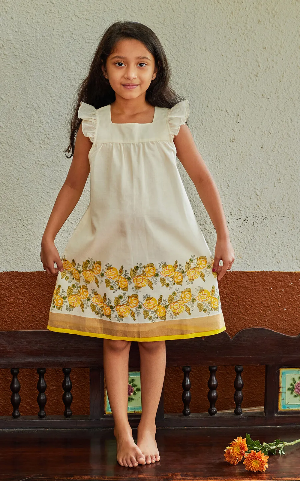 A CLASSIC KASAVU COTTON HAND BLOCK PRINTED  COMFORTABLE DRESS WITH RUFFLED SLEEVES