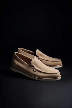 Beige Suede Elowen Slip On Loafers with White Sole - Summer 2024 Collection