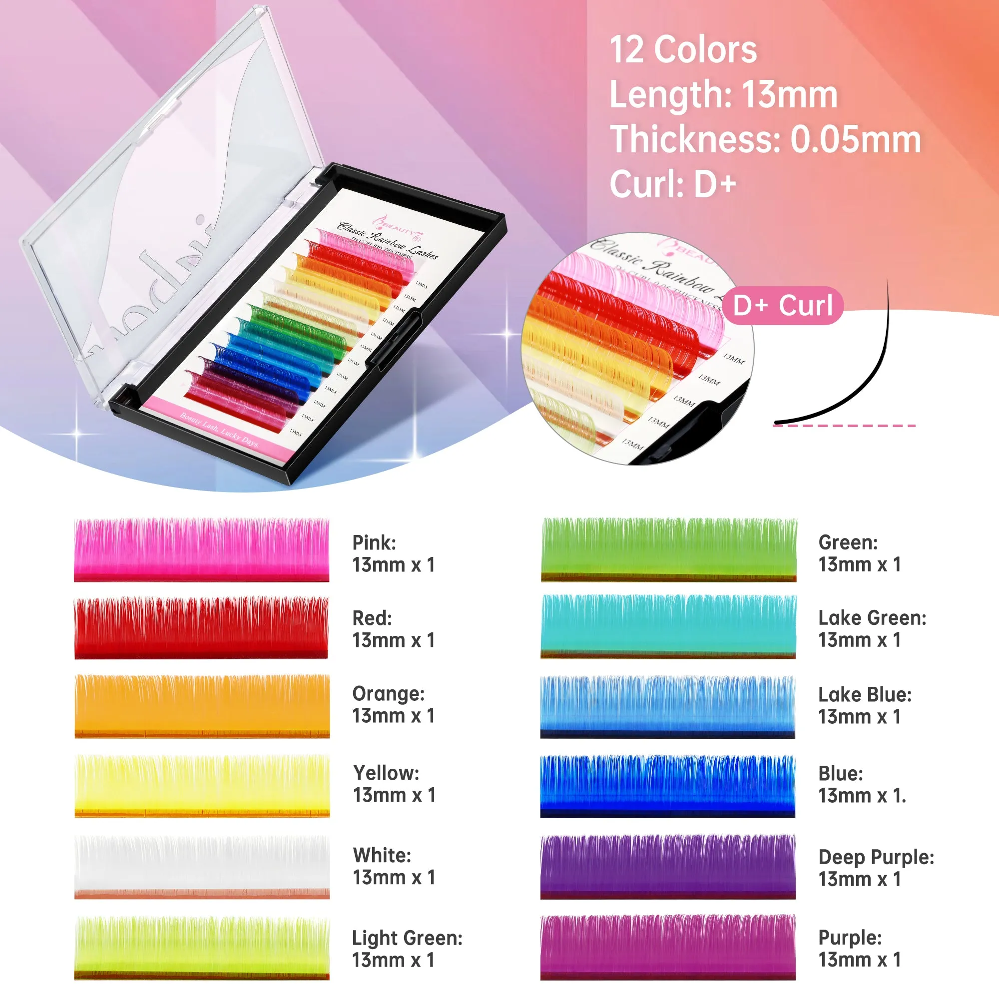Colored Lashes 12 Colors Classic 0.05 D 