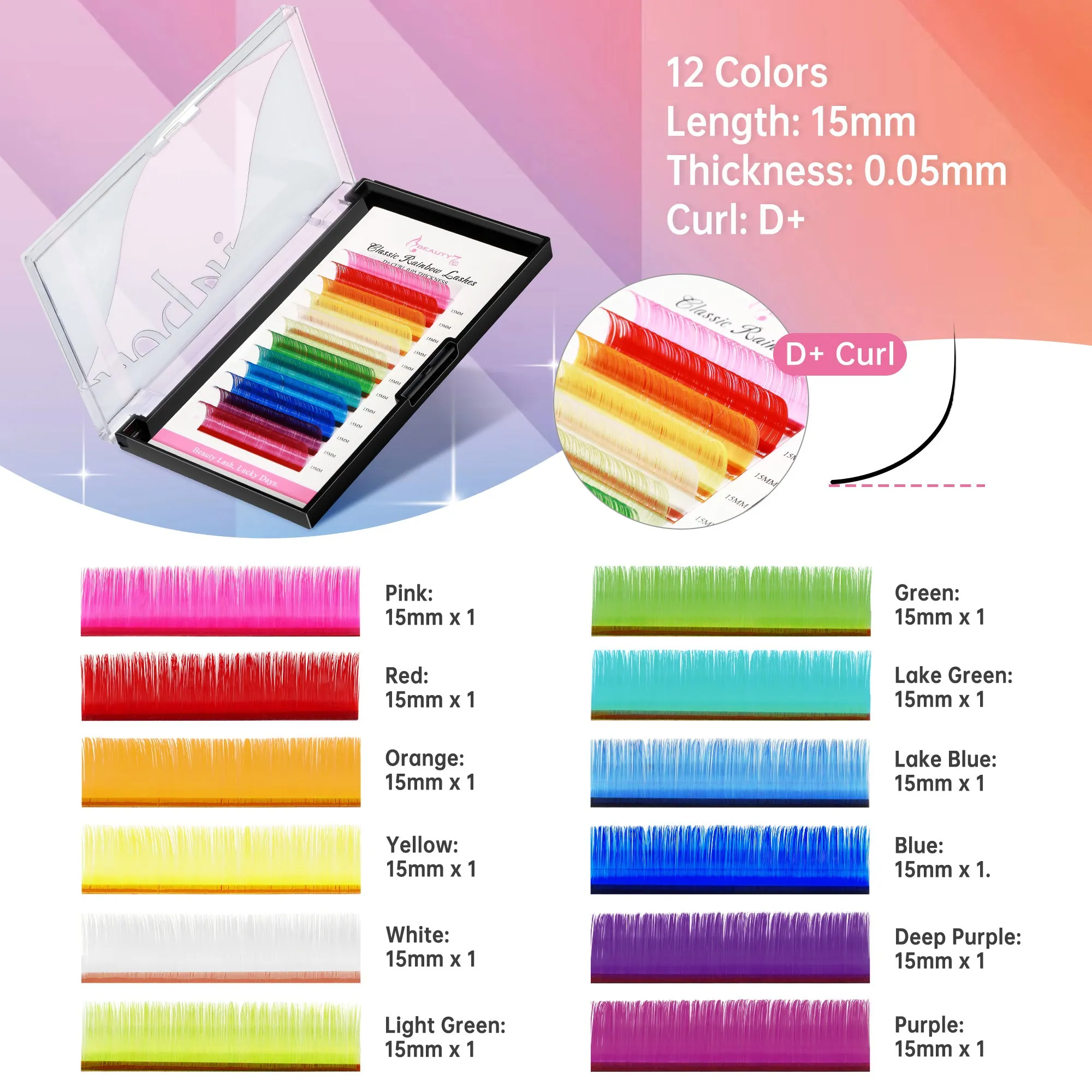 Colored Lashes 12 Colors Classic 0.05 D 