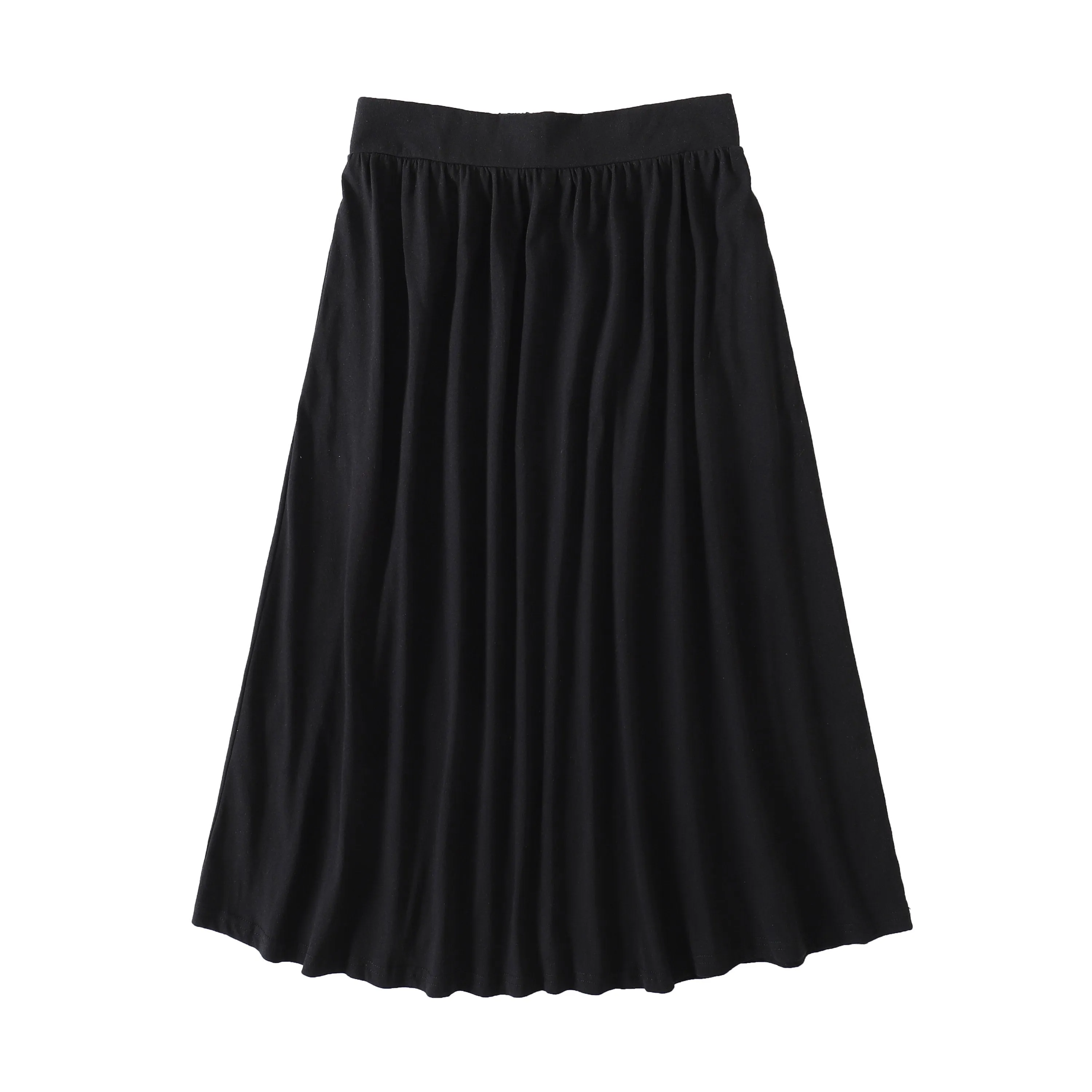 Cotton Midi Skirt, Minimalist Black Midi Skirt with Pockets, High-Waist A Line Flared Midi Skirt, Half Elastic Waist Cotton Knit Skirt