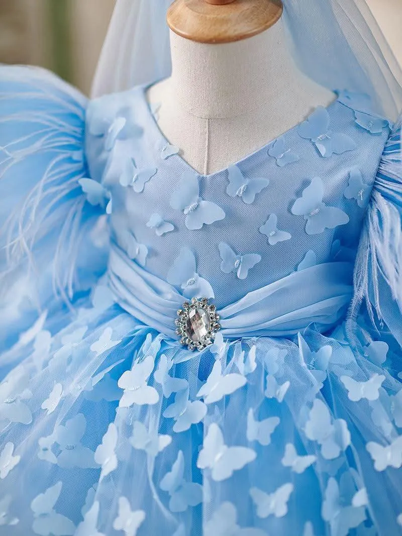 Dreamy Butterfly Fairy-tale Dress Delicate Floral Blue Tulle Dress