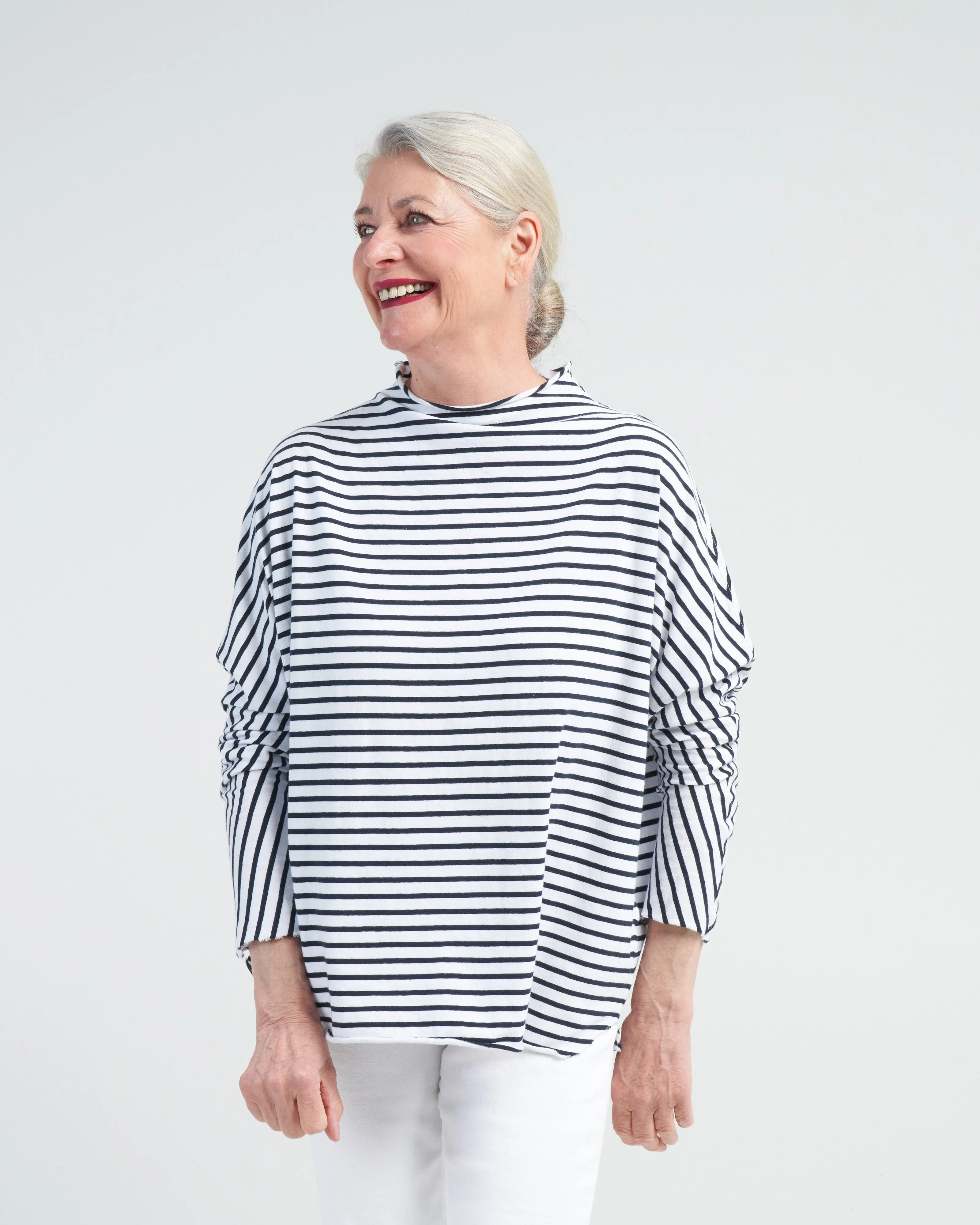 effie long sleeve funnel neck capelet - white/british royal navy stripe