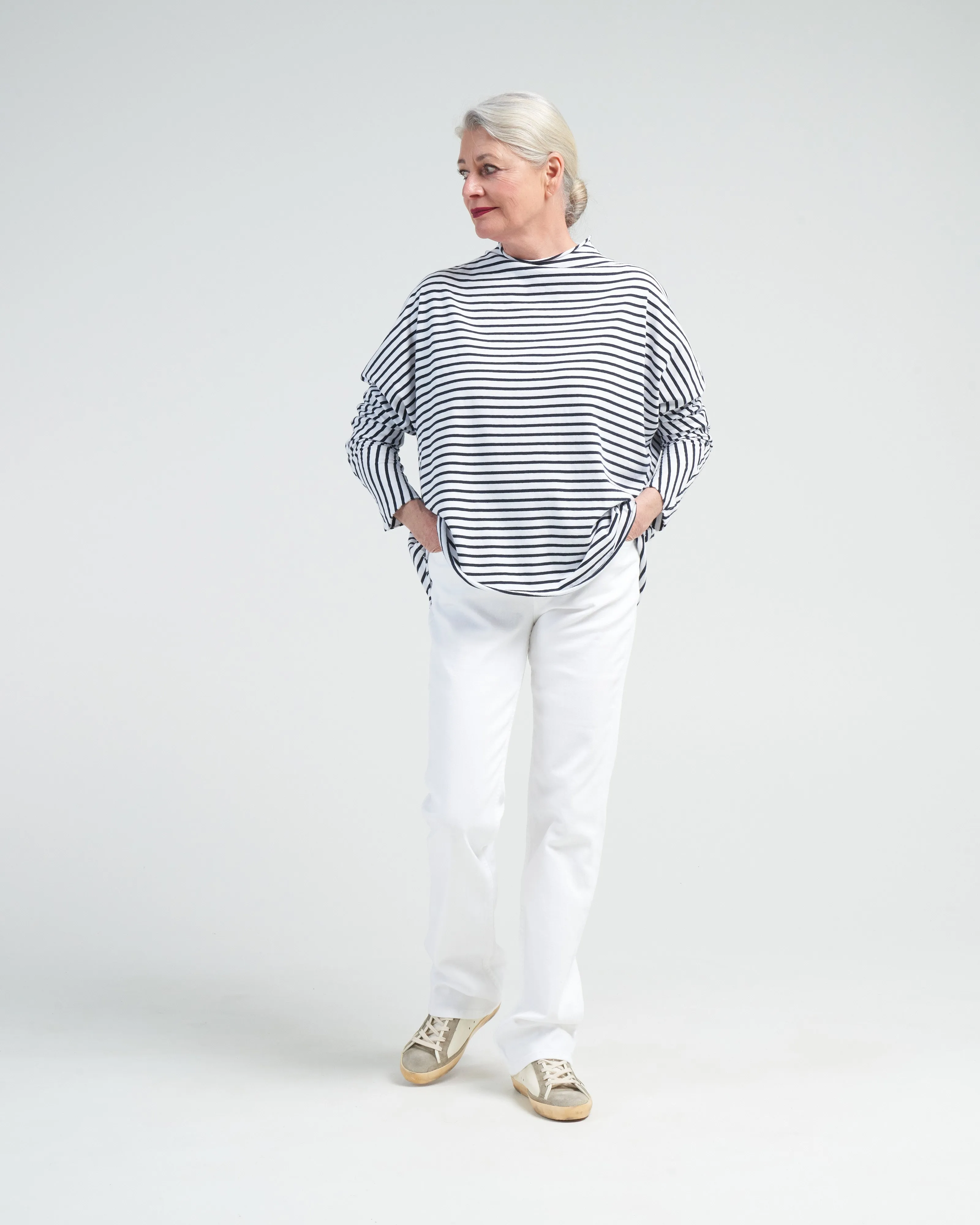 effie long sleeve funnel neck capelet - white/british royal navy stripe