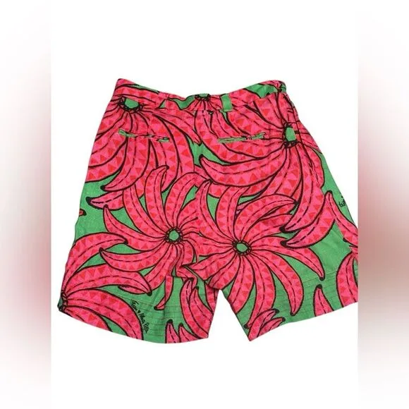 FARM RIO X ANTHROPOLOGIE floral green &amp; pink Banana Pitta Linen Shorts sz small