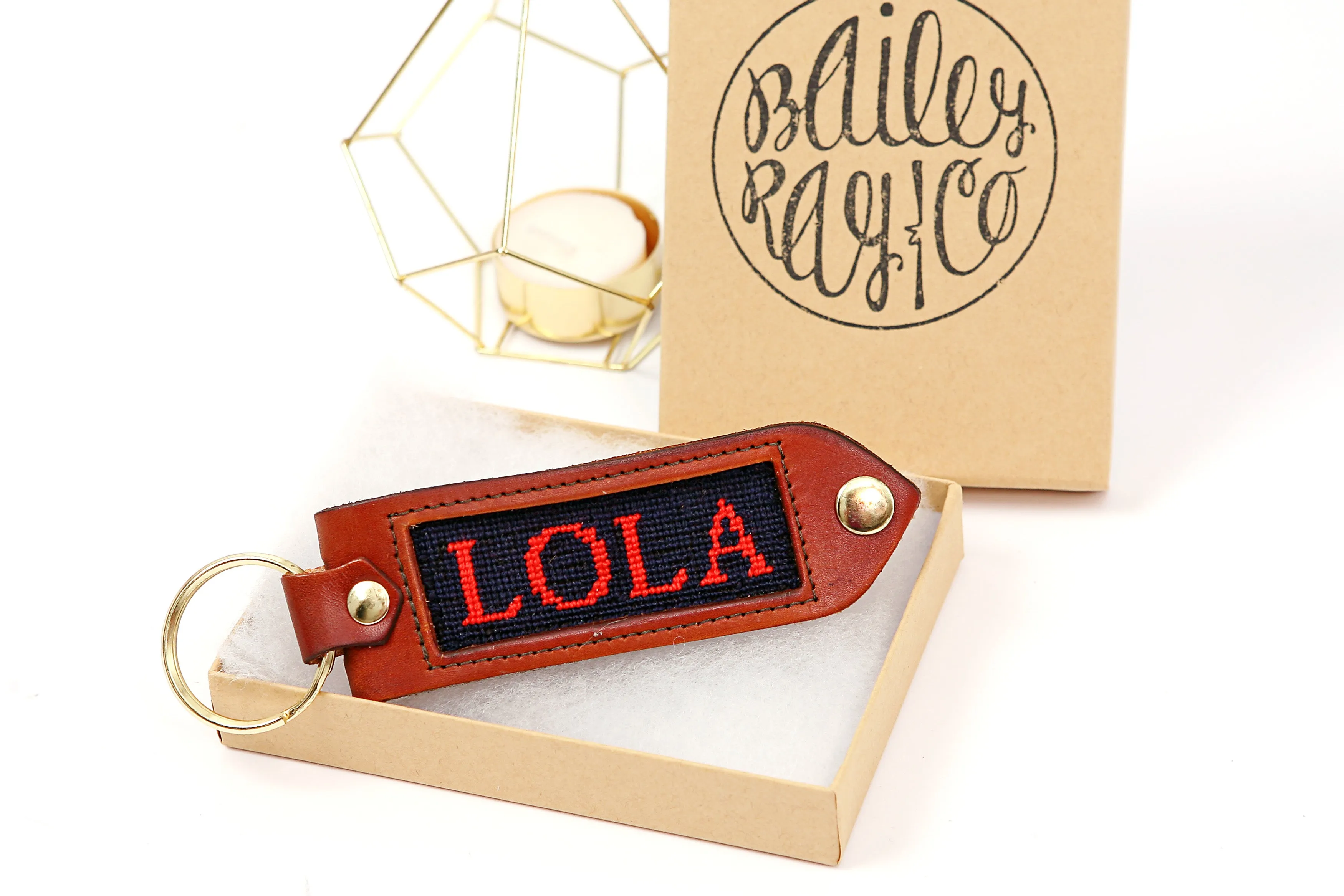 Leather, Needlepoint Keychain - Simple Initial Keychain