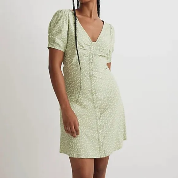 MADEWELL V-Neck Button-Front Mini Dress Ditsy Daze Seedling Green {Y17}