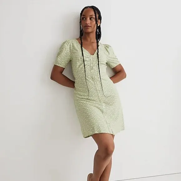 MADEWELL V-Neck Button-Front Mini Dress Ditsy Daze Seedling Green {Y17}