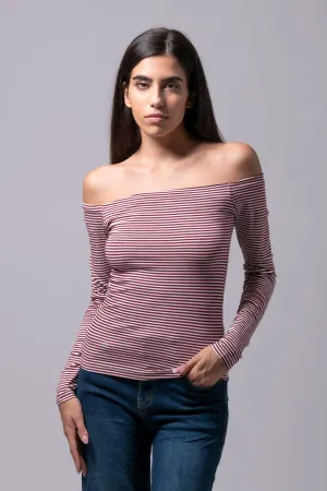 Maglia in viscosa a righe color latte e bordeaux