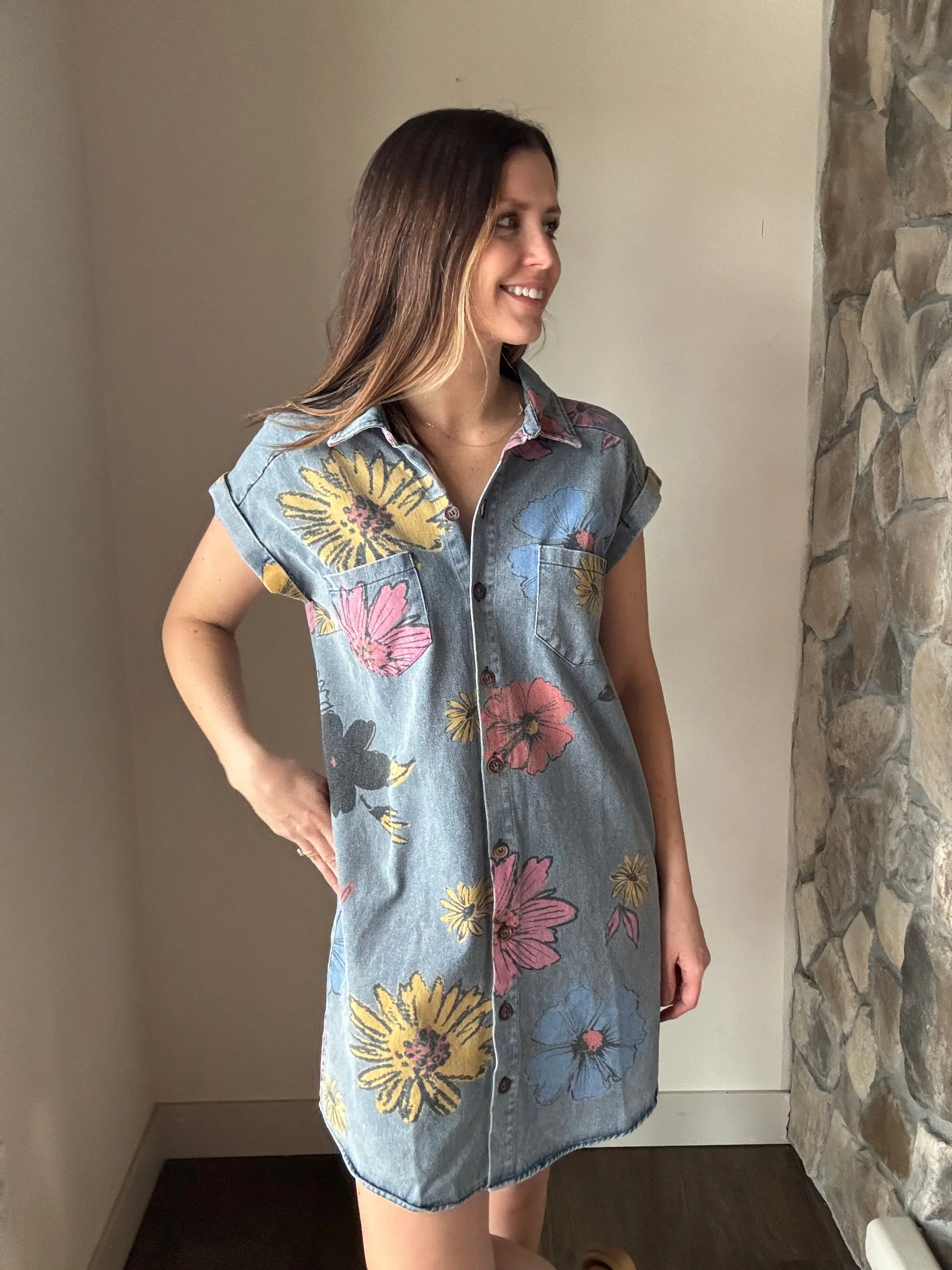 may flowers denim button down dress