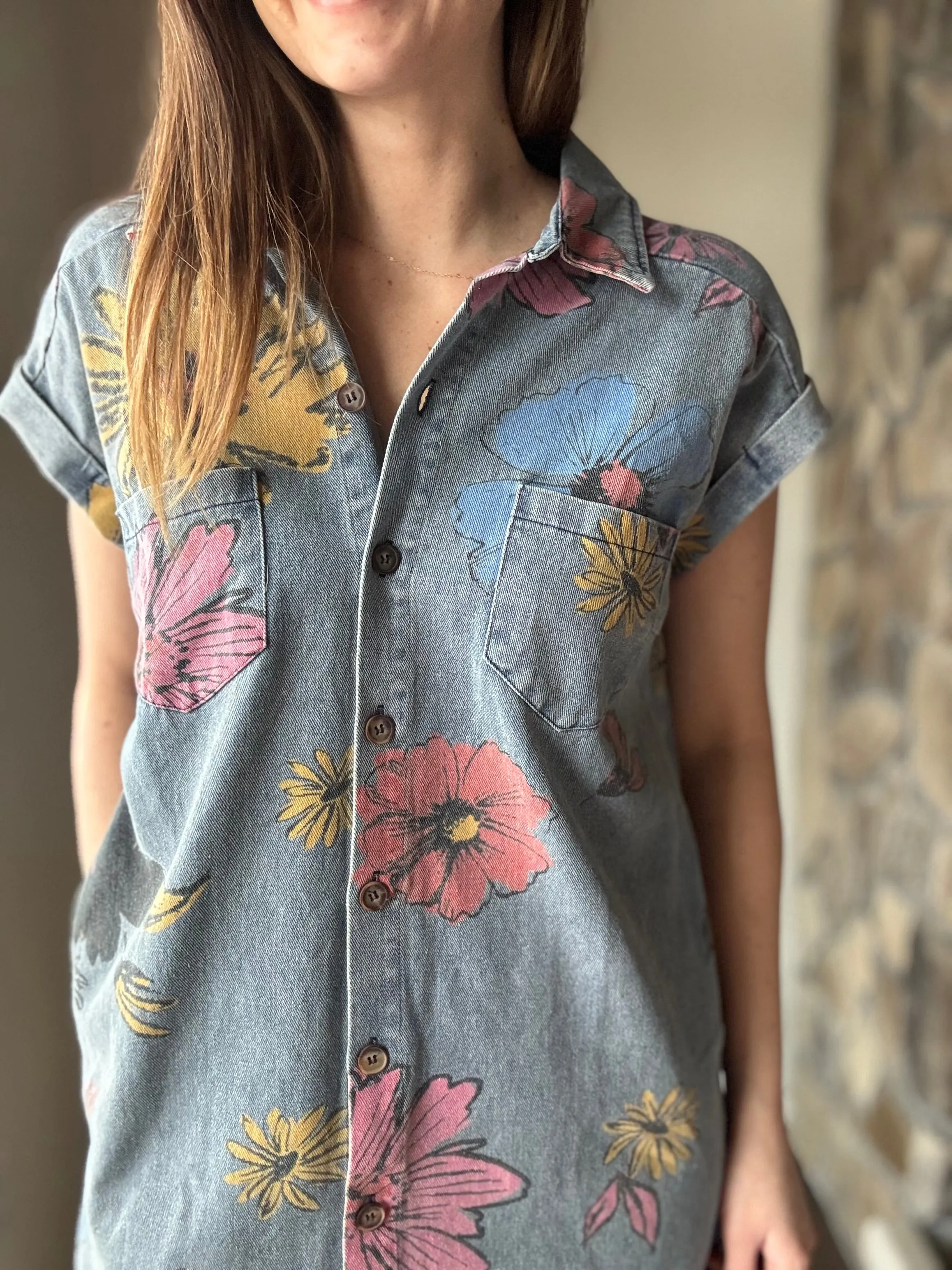 may flowers denim button down dress