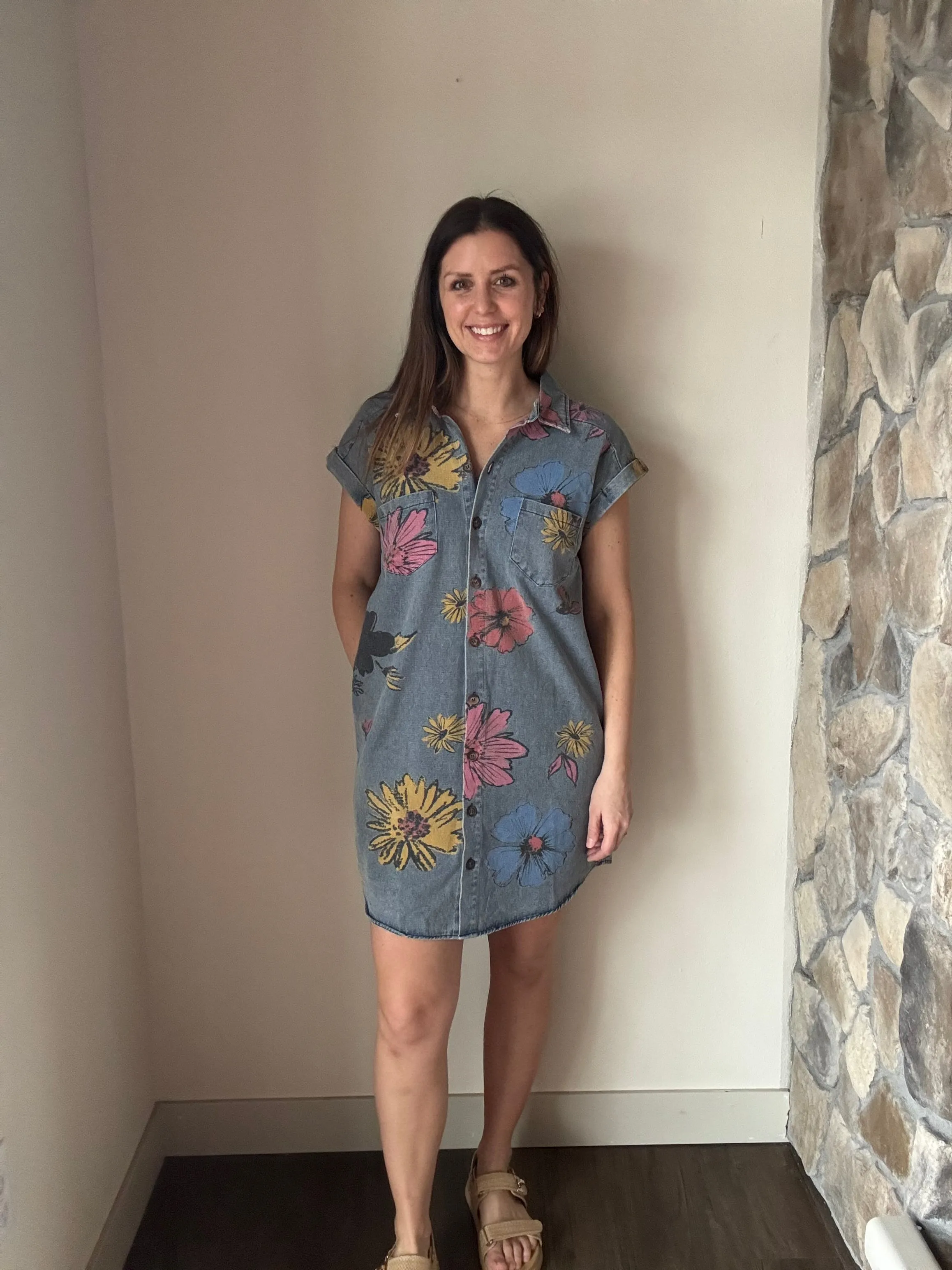 may flowers denim button down dress