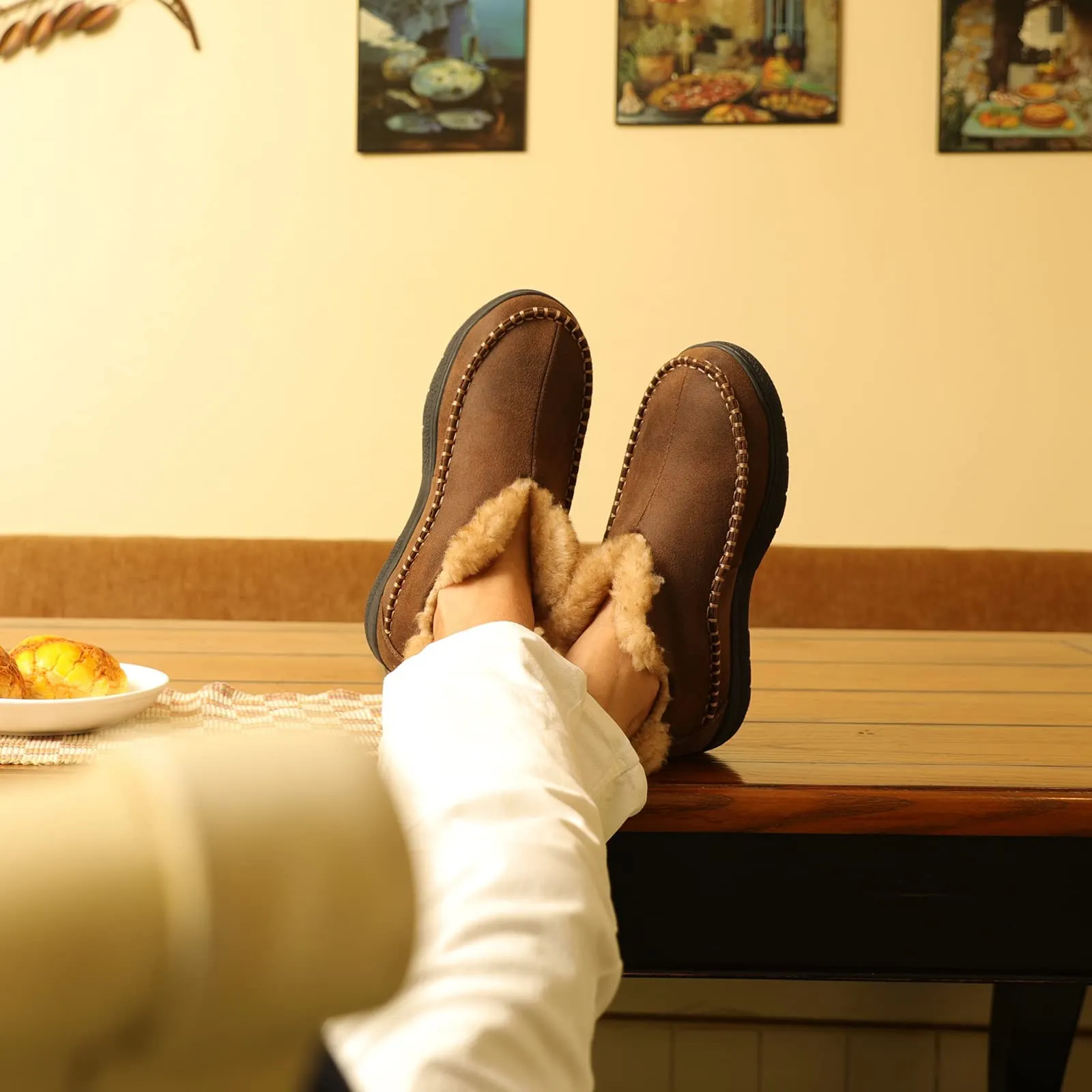 Men's Indoor/Outdoor Micro-suede Moccasin Bootie Slippers with Memory Foam Soles