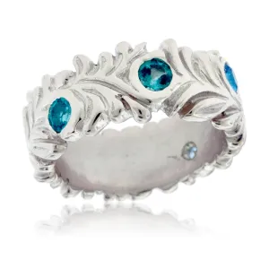 Mixed Blue Gemstone Hand Carved Nature Inspired Ring