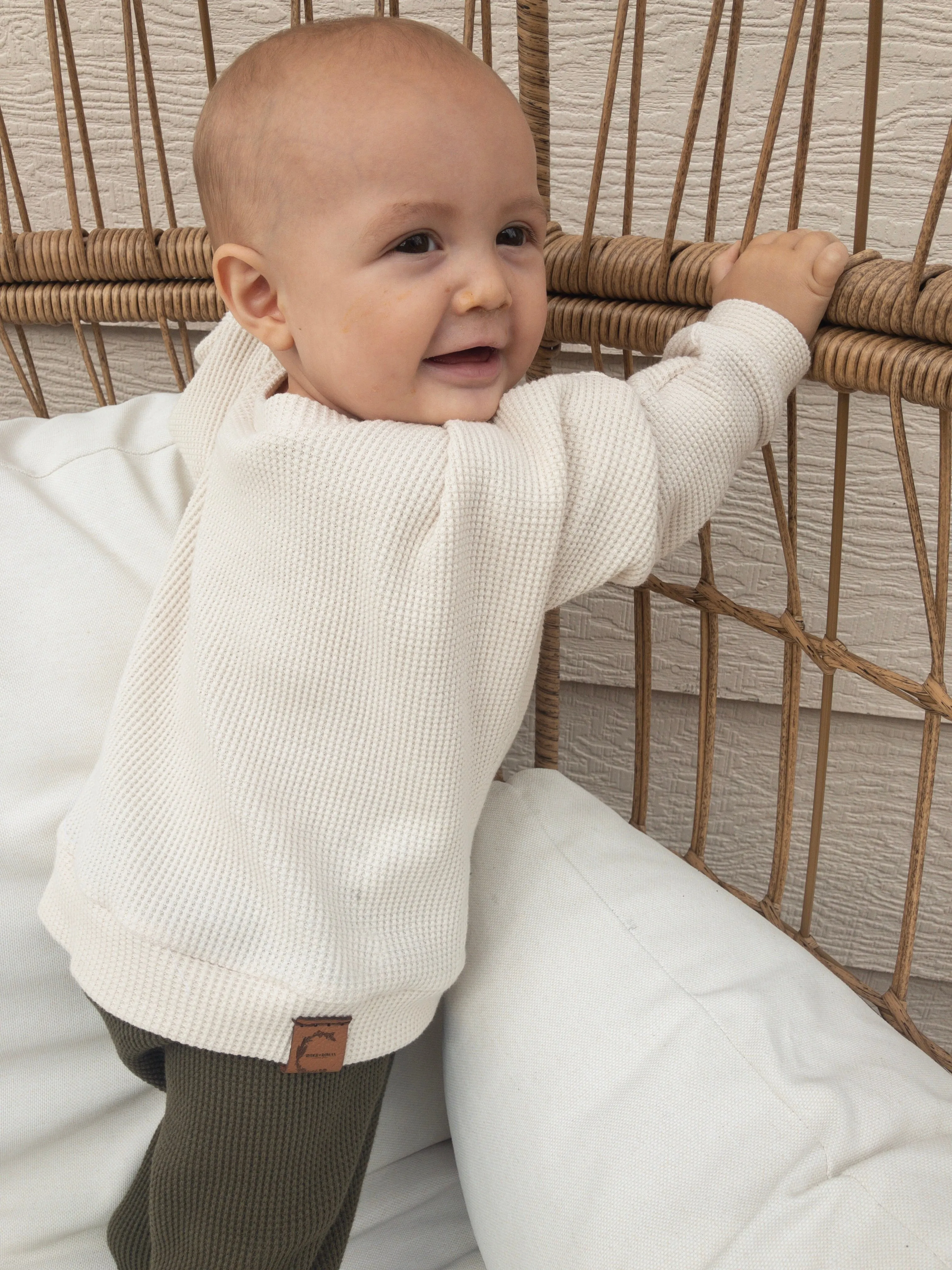 Organic Waffle Knit Crew Neck Pullover - Cream