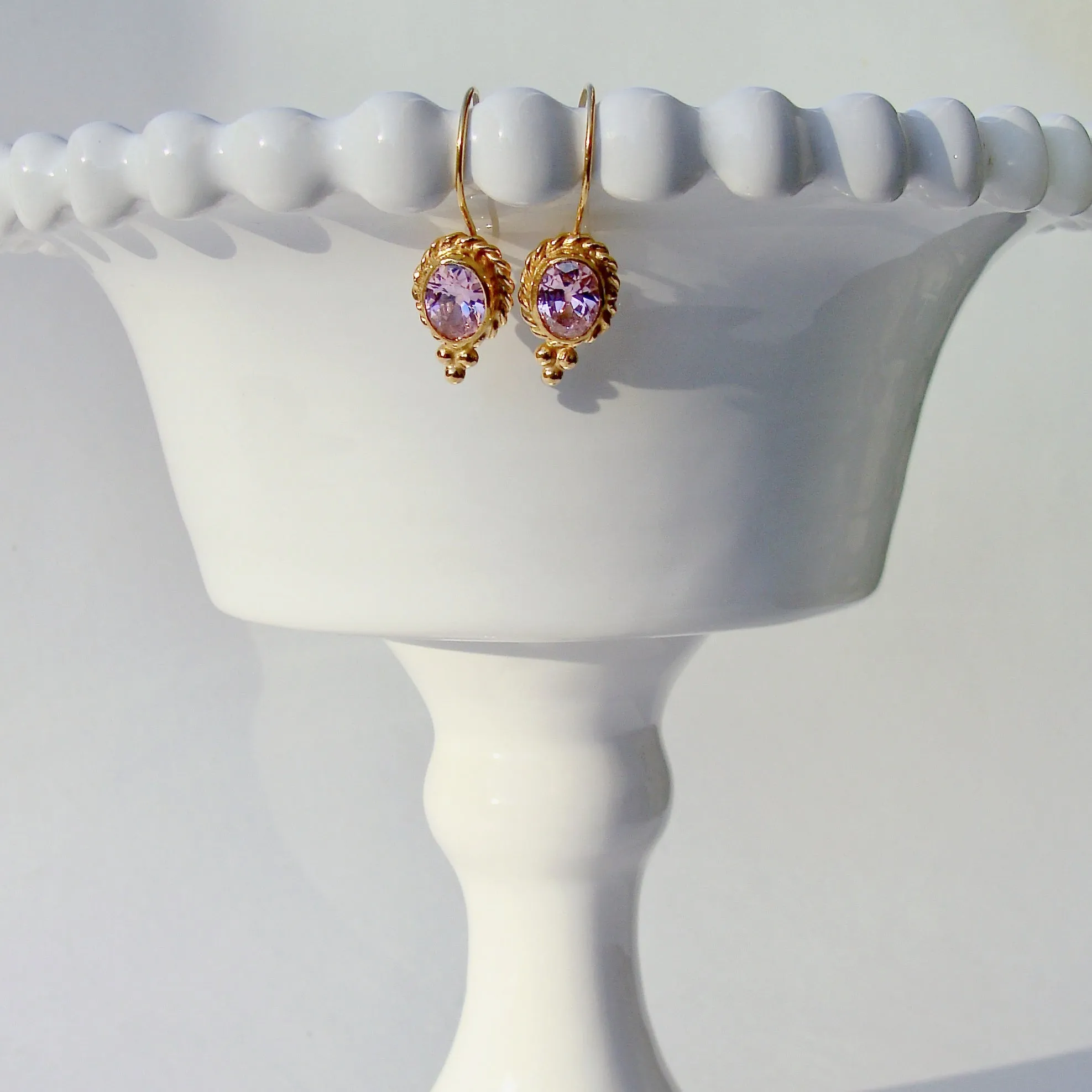 Pink Oval Quartz Wire Latched Bridesmaid Earrings - Peony Earrings