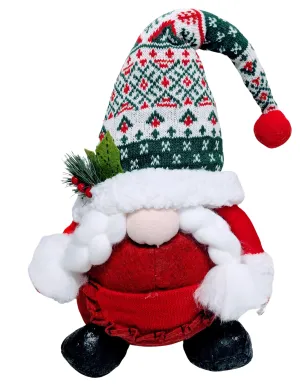 Plush Gnome With Green Printed Hat with Green Holly & Braided White Beard