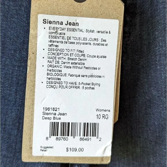 PRANA NWT Organic Dark Blue Denim Sienna Jeans sz 10