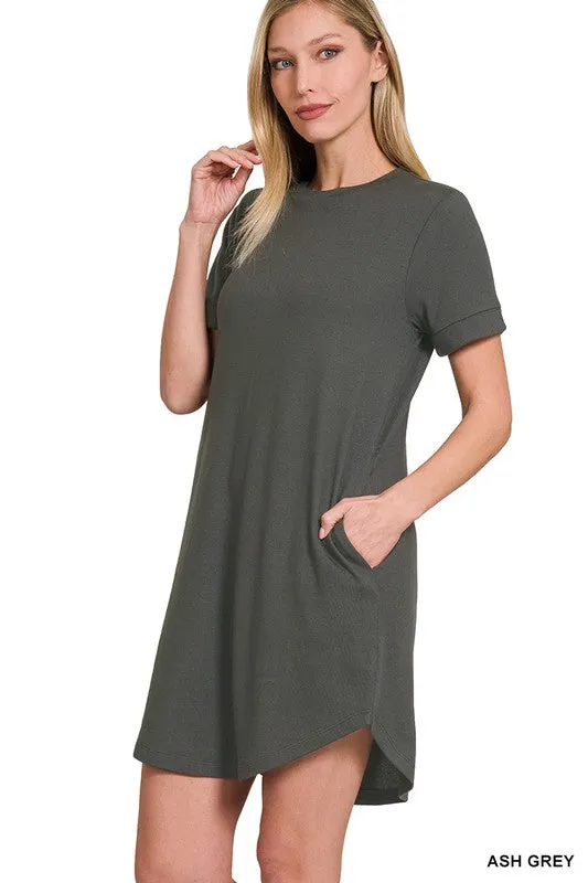 Rolled Short Sleeve Round Neck Dress