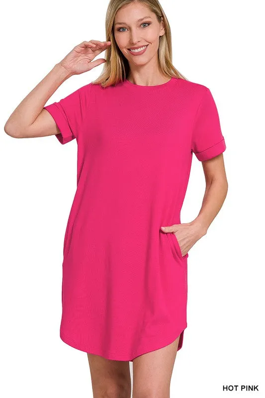 Rolled Short Sleeve Round Neck Dress