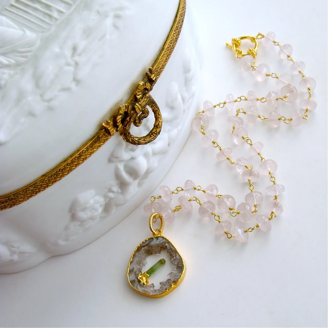 Rose Quartz Druzy Slice Green Tourmaline Crystal Necklace - Langley Necklace