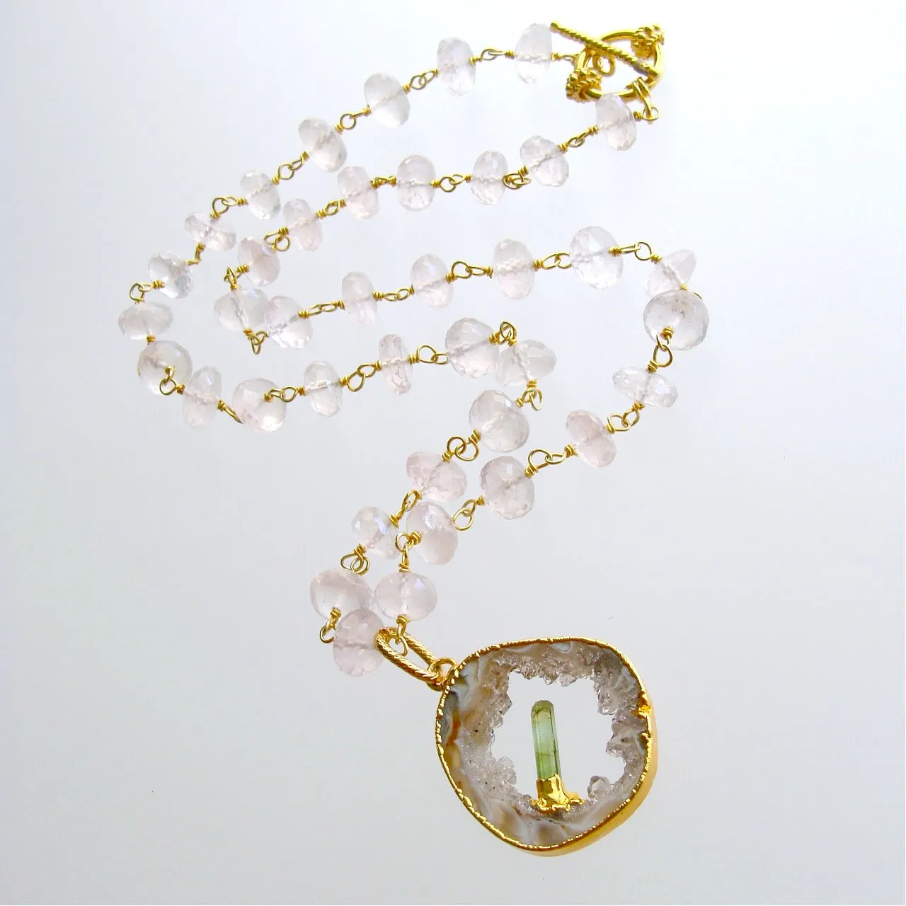 Rose Quartz Druzy Slice Green Tourmaline Crystal Necklace - Langley Necklace