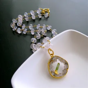 Rose Quartz Druzy Slice Green Tourmaline Crystal Necklace - Langley Necklace