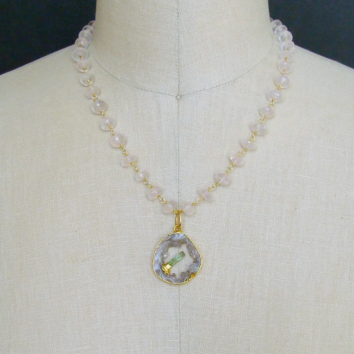 Rose Quartz Druzy Slice Green Tourmaline Crystal Necklace - Langley Necklace