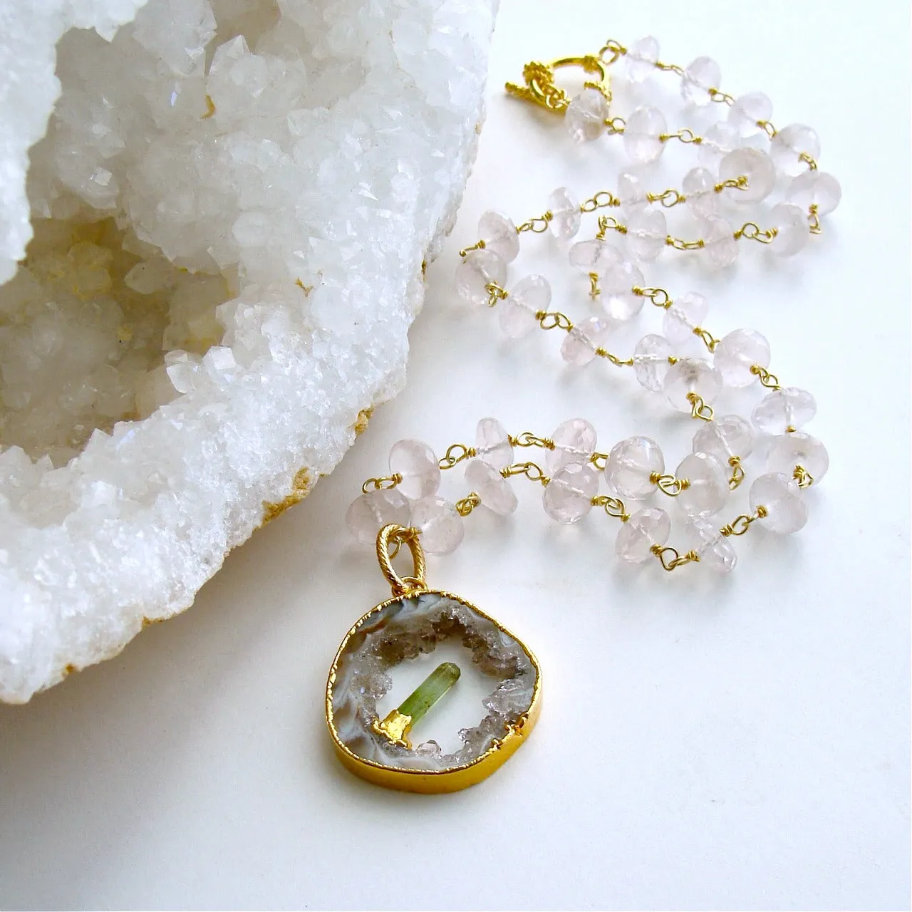 Rose Quartz Druzy Slice Green Tourmaline Crystal Necklace - Langley Necklace