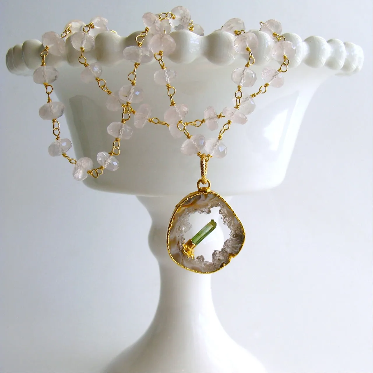 Rose Quartz Druzy Slice Green Tourmaline Crystal Necklace - Langley Necklace
