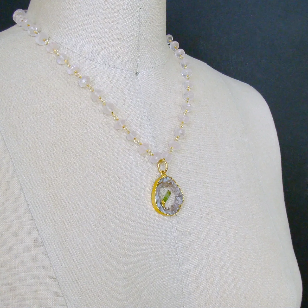 Rose Quartz Druzy Slice Green Tourmaline Crystal Necklace - Langley Necklace