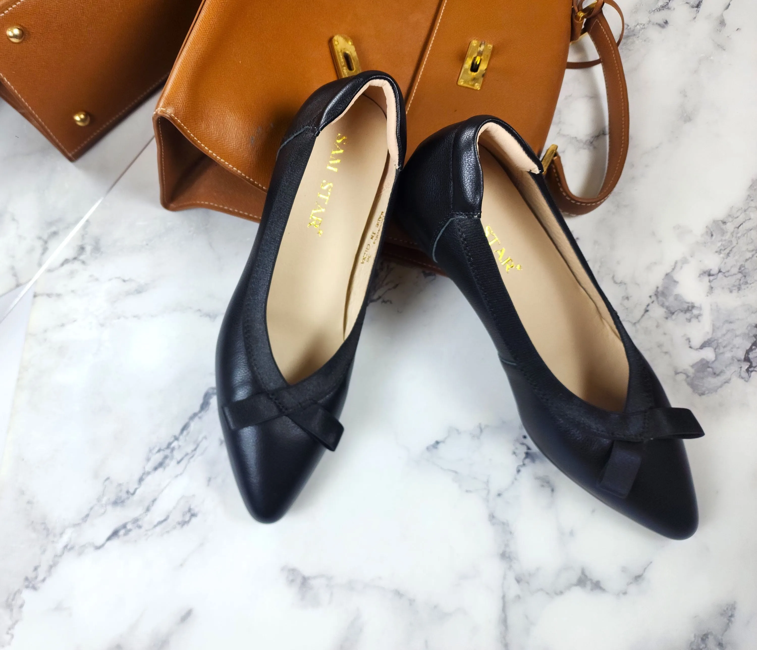 SS24006  Pointy Leather pumps with bow and extra cushion