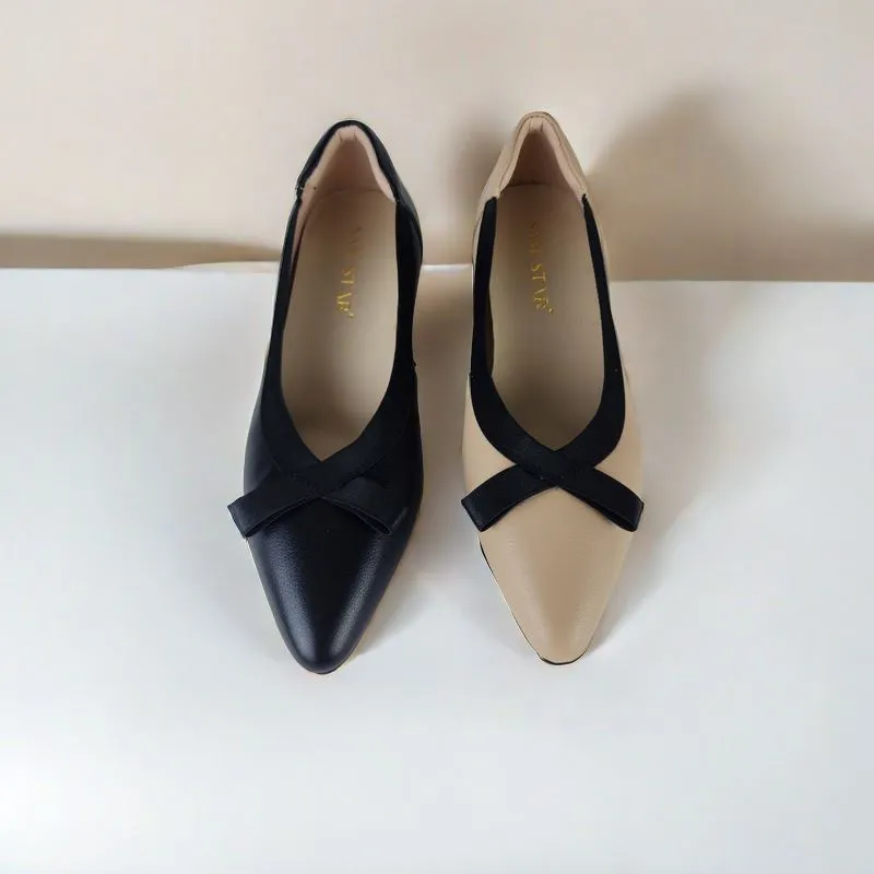 SS24006  Pointy Leather pumps with bow and extra cushion