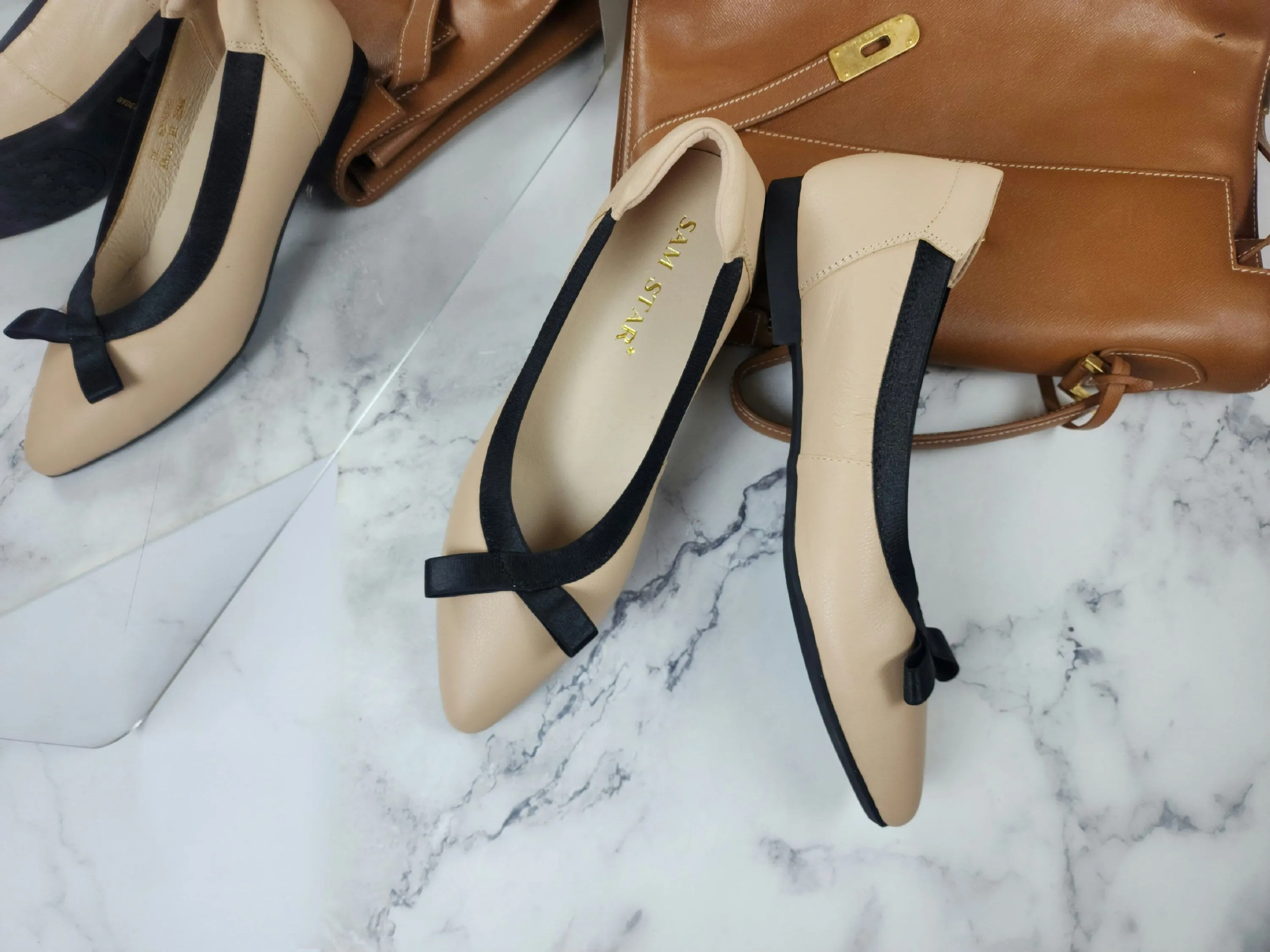 SS24006  Pointy Leather pumps with bow and extra cushion