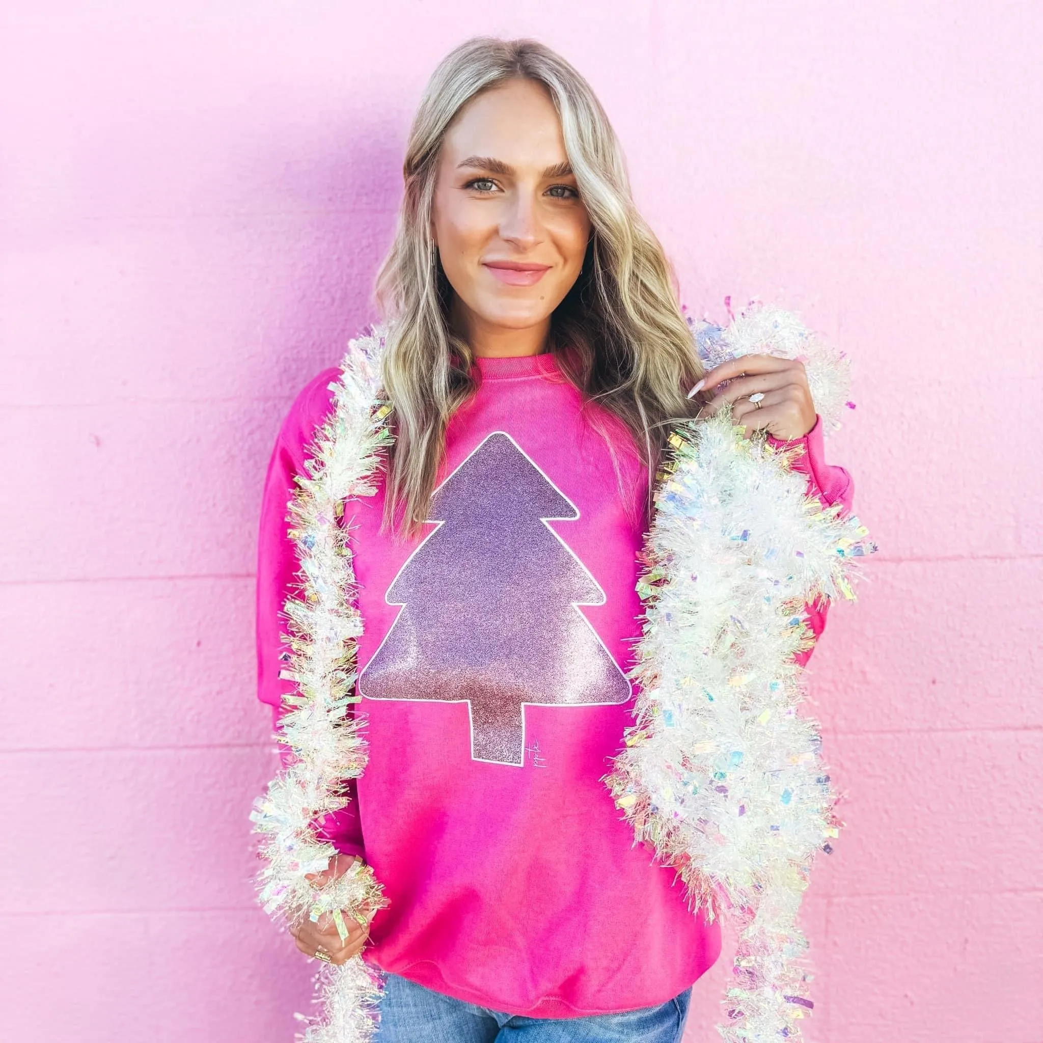 Sweatshirt {JUST A PINK TREE} Glitter Pink Crew Neck Sweatshirt