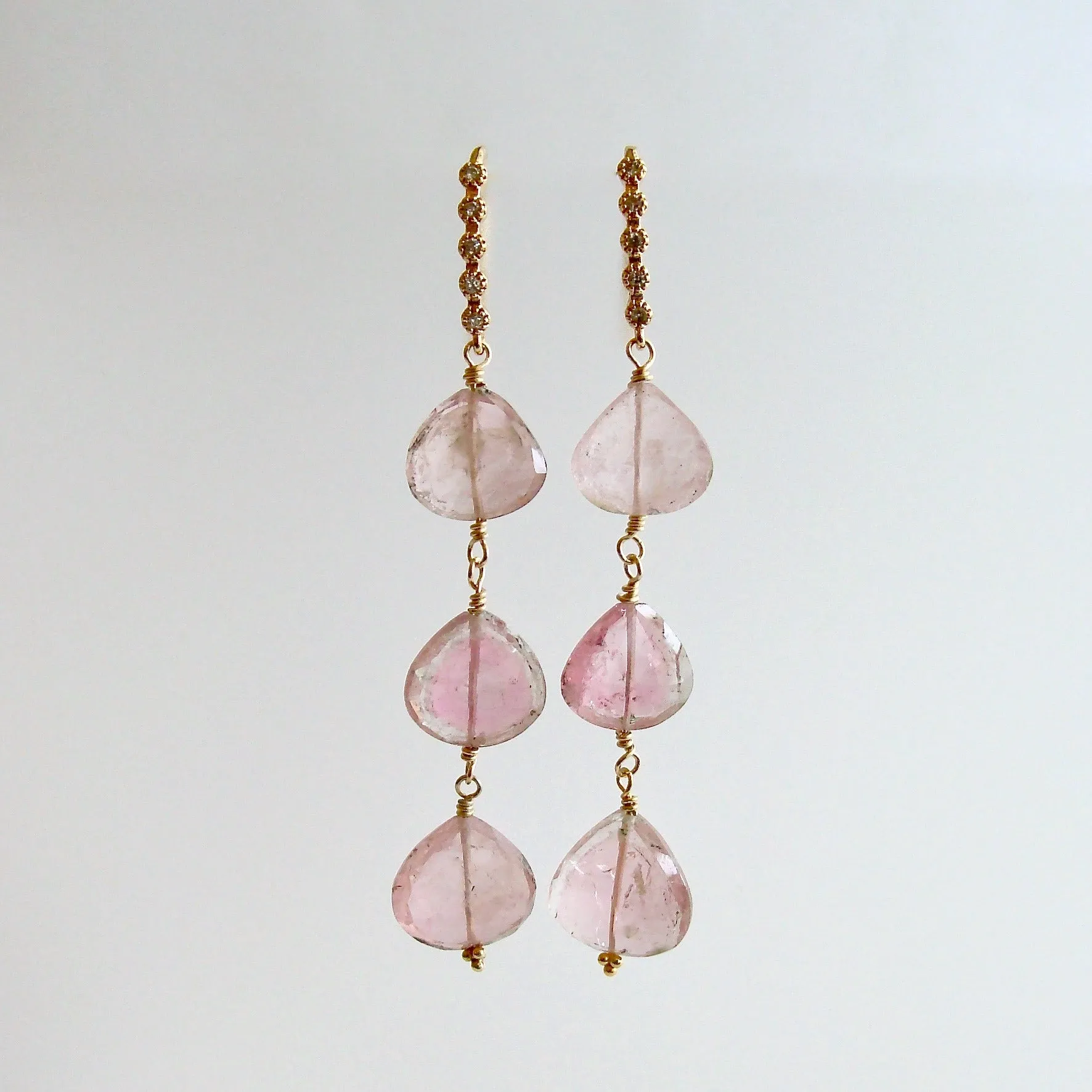 Triple Pink Afghan Tourmaline Cascading Hearts Earrings - Allison II Earrings
