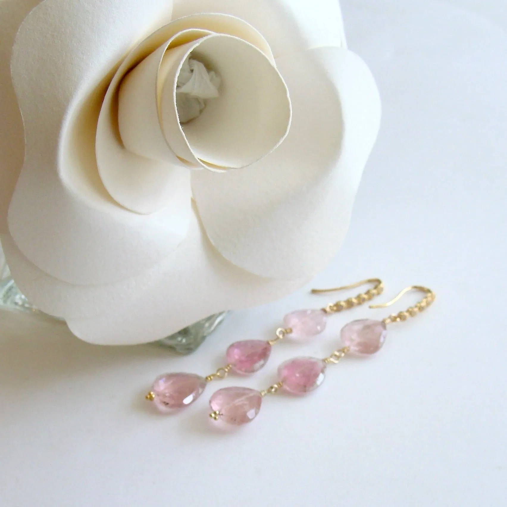 Triple Pink Afghan Tourmaline Cascading Hearts Earrings - Allison II Earrings