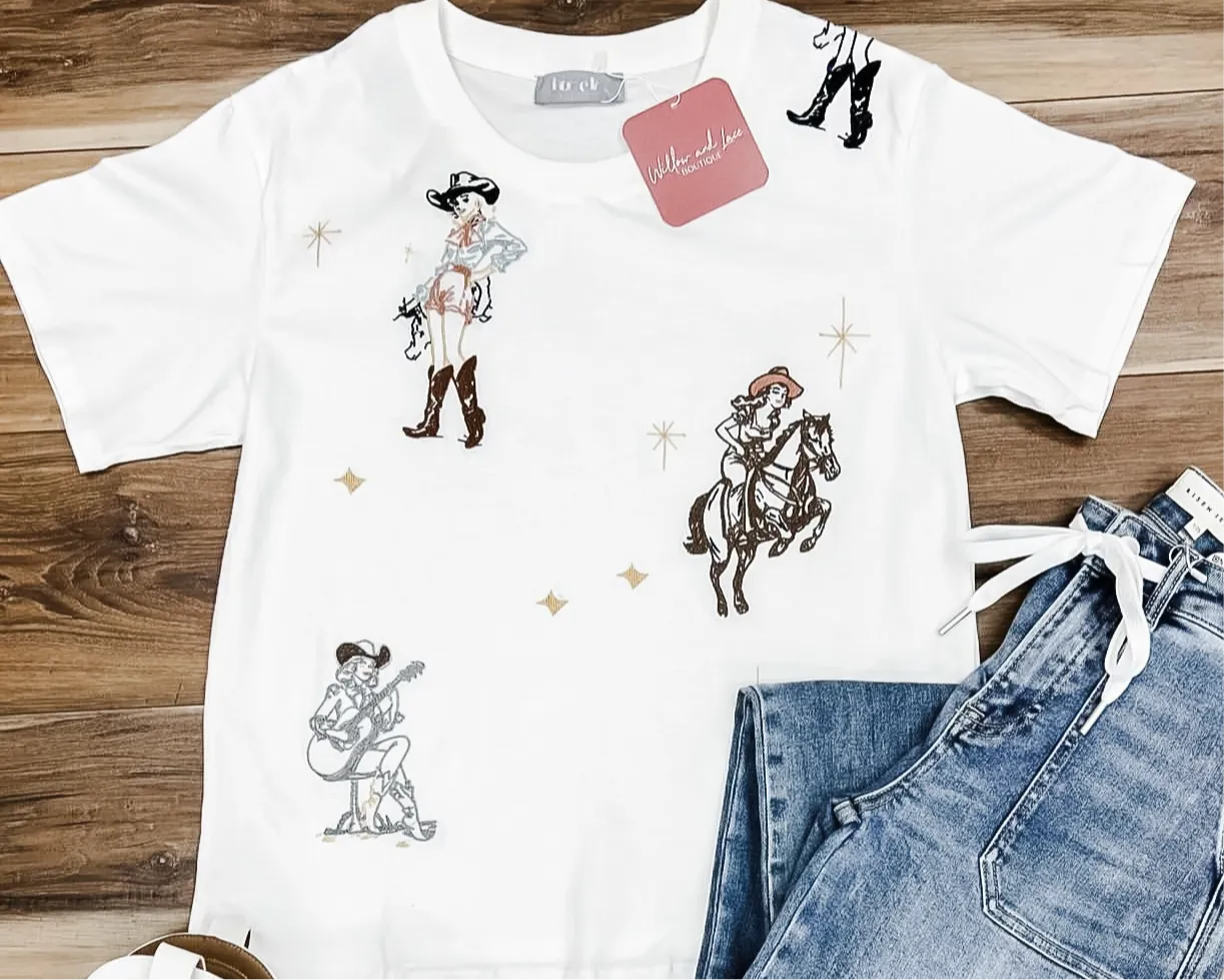Western Motif Embroidered Graphic T Shirt