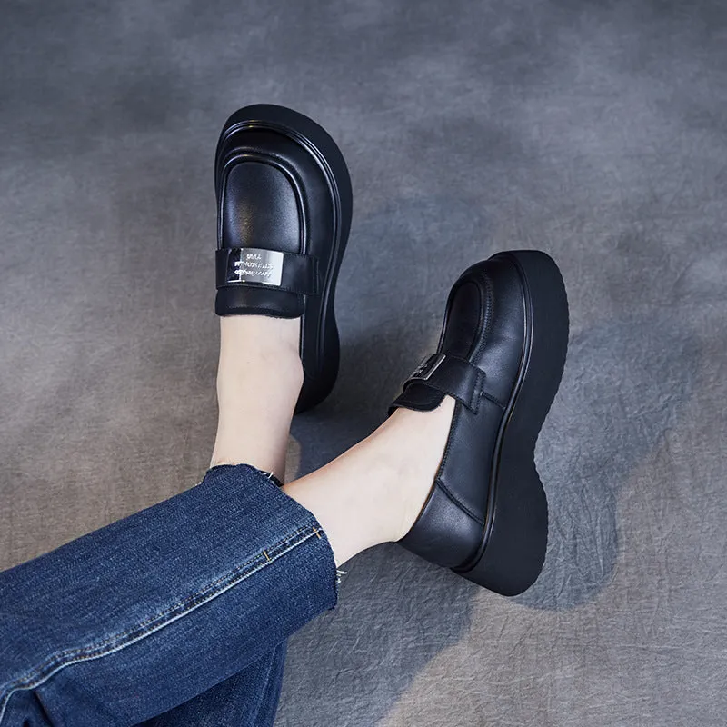 Women Minimalism Plain Leather Thick Soled Casual Loafers