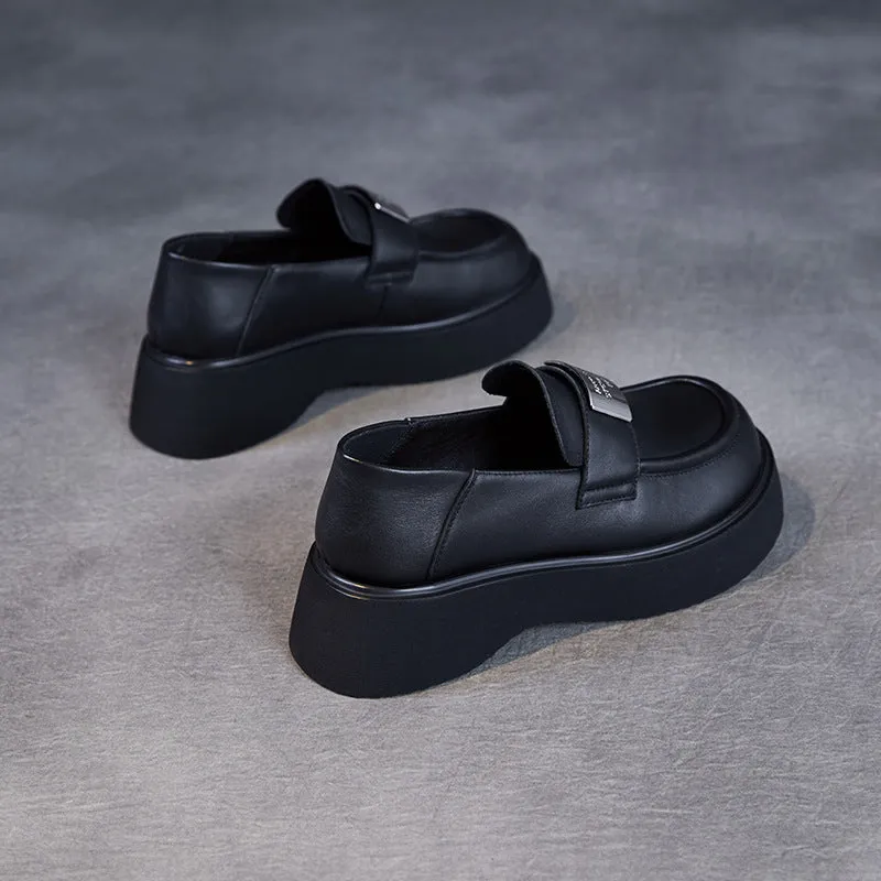 Women Minimalism Plain Leather Thick Soled Casual Loafers
