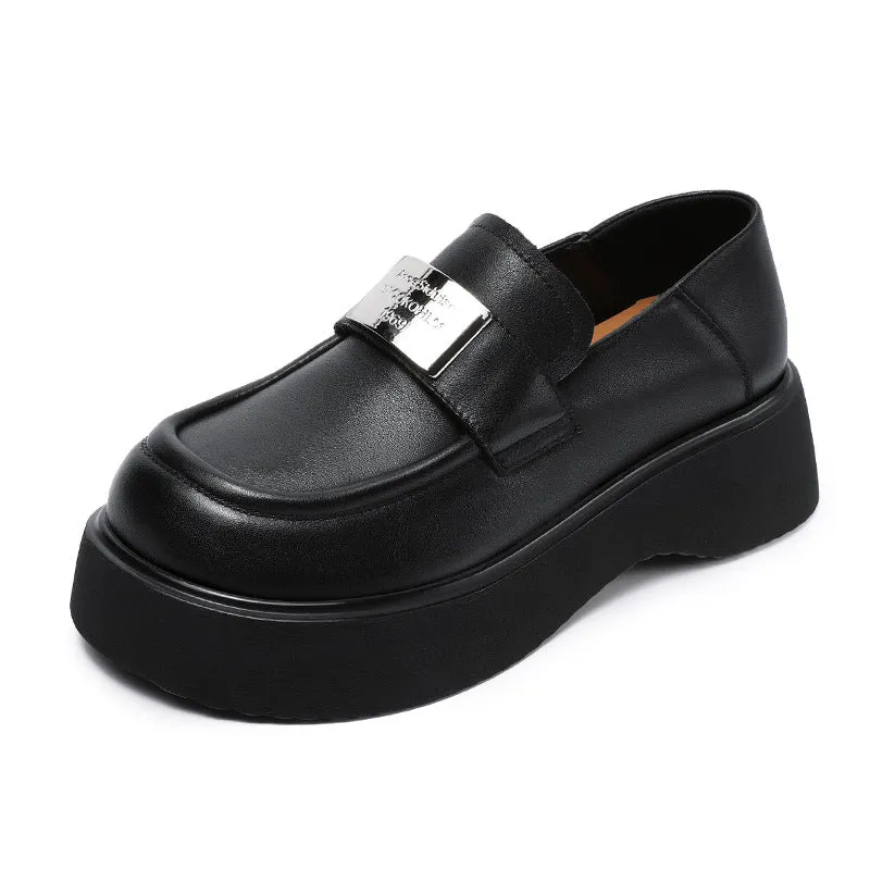 Women Minimalism Plain Leather Thick Soled Casual Loafers
