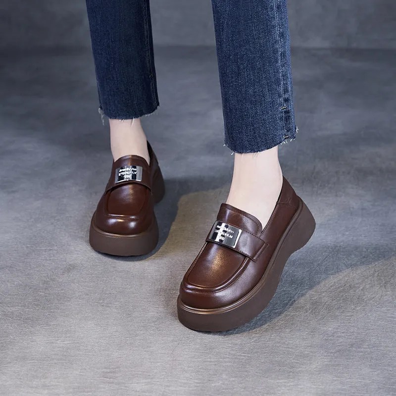 Women Minimalism Plain Leather Thick Soled Casual Loafers