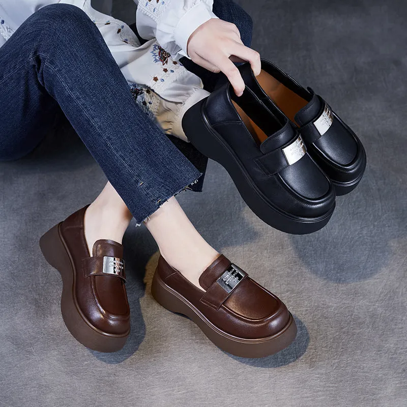 Women Minimalism Plain Leather Thick Soled Casual Loafers