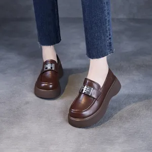 Women Minimalism Plain Leather Thick Soled Casual Loafers