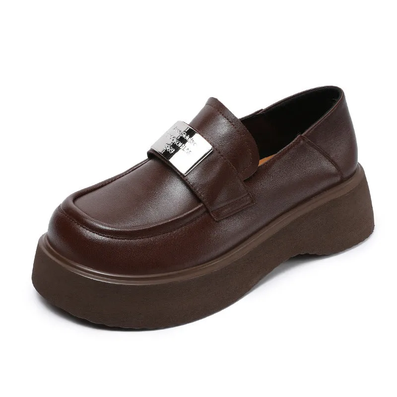Women Minimalism Plain Leather Thick Soled Casual Loafers