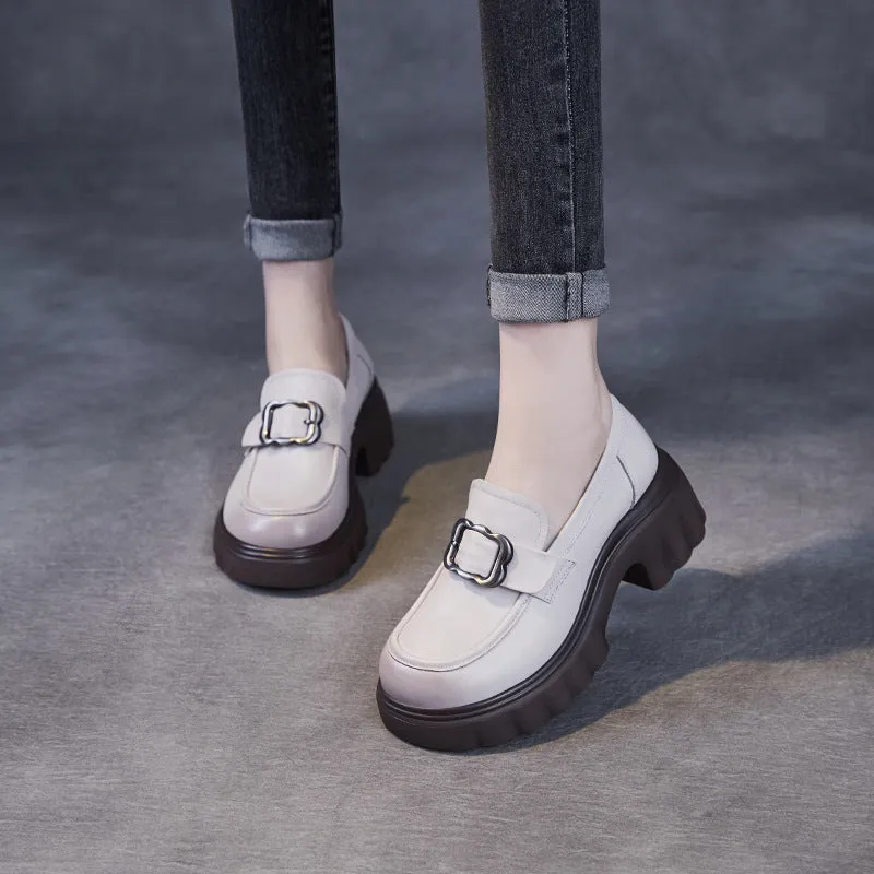 Women Retro Leather Chunky Heel Casual Loafers