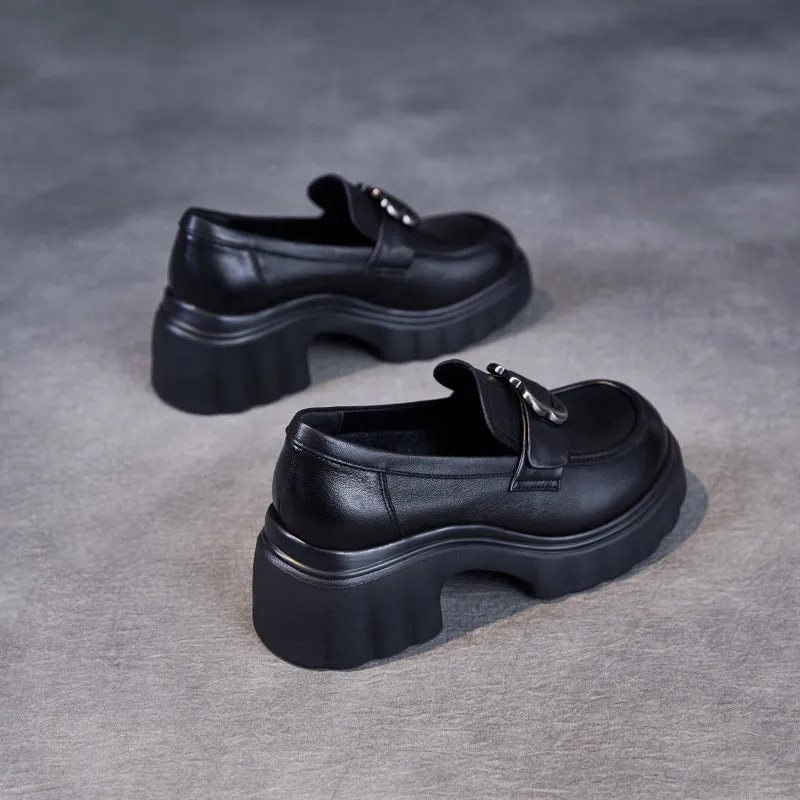 Women Retro Leather Chunky Heel Casual Loafers